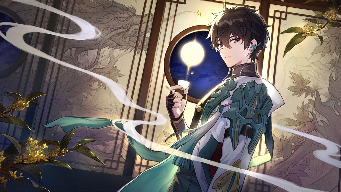 Artwork showing Honkai Star Rail character Dan Feng posing, looking at the camera deep in thought.