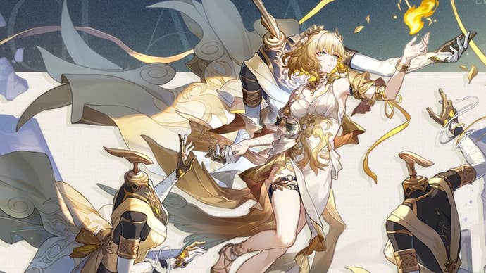 Aglaea’s banner art from Honkai Star Rail, featuring a white anime woman with short blonde hair in a toga-style dress, attended by three sentient dressmaker’s dummies