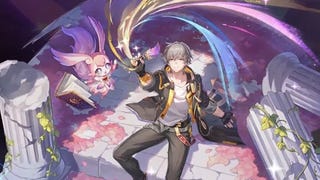 The male Trailblazer in Honkai Star Rail, sitting on a marble step and holding a pen with colors swirling around it. Mem, a pink, rabbit-like creature, sits next to him