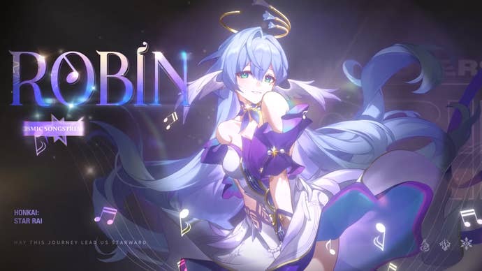 Honkai Star Rail’s Robin posing for a photoshoot with her hands clasped in front of her