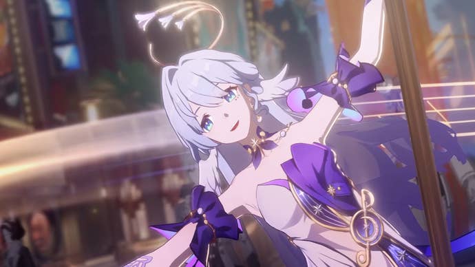 Honkai Star Rail’s Robin imitating Gene Kelly’s Singin' in the Rain moment, swinging around a pole with her arm outstretched while she sings