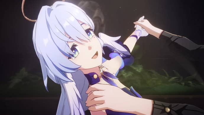 Honkai Star Rail’s Robin dancing with an unseen partner, her held tilted back as she smiles