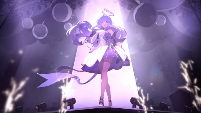 Honkai Star Rail’s Robin standing on a stage lit with purple light