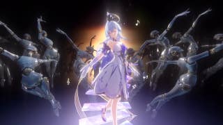 Honkai Star Rail's Robin, standing on a stage in the spotlight, surrounded by humanoid automatons