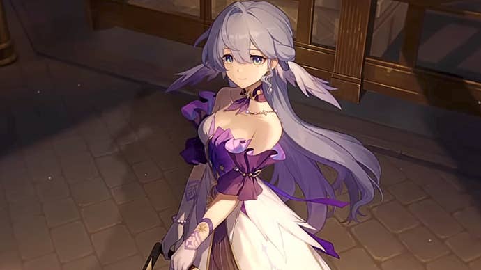 Honkai Star Rail’s Robin standing on a Penacony street, lit by a lamp