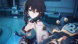 Honkai Star Rail Ruan Mei materials: An anime woman with a low-cut green dress and long brown hair is standing in the middle of a research lab, holding a stringed instrument in her hands.