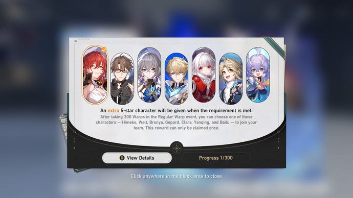 The Additional Rewards tab from Honkai: Star Rail’s Stellar Warp banner, featuring portraits of Himeko, Welt, Bronya, Gepard, Clara, Yanqing, and Bailu, alongside a short explanation that the player will be able to claim one of them immediately after their 300th pull on the game’s Standard Banner.