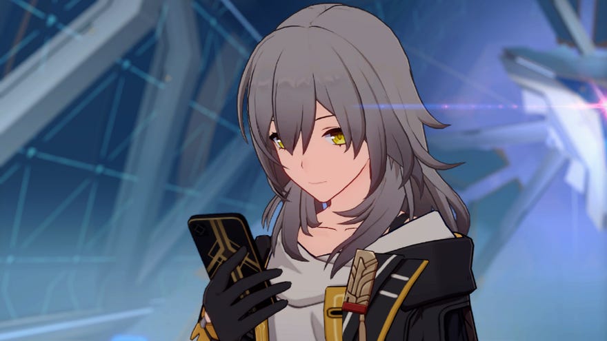 The female Trailblazer (Stelle) examines her phone against the background of the Herta Space Station Master Control Zone in Honkai: Star Rail.