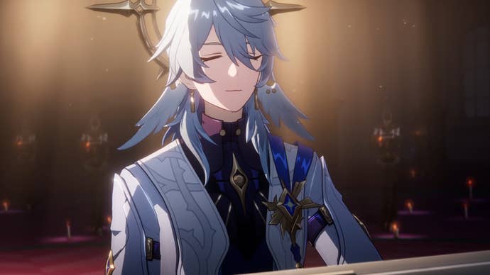 Honkai Star Rail’s Sunday sitting at a grand piano with his eyes closed as a spotlight illuminates him and only him in a room full of shadows