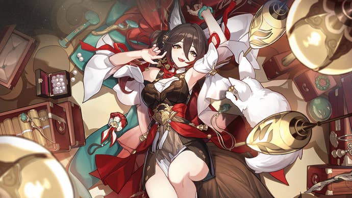 Artwork showing Honkai Star Rail character Tingyun lying down surrounded by treasure.