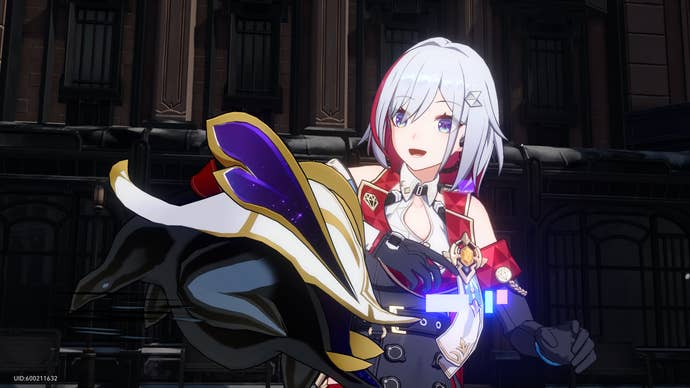 Honkai Star Rail Topaz build: An anime woman with a silver bob is petting a gold-and-white pig-like creature