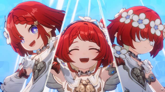 Tribbie from Honkai Star Rail in a triptych-style presentation