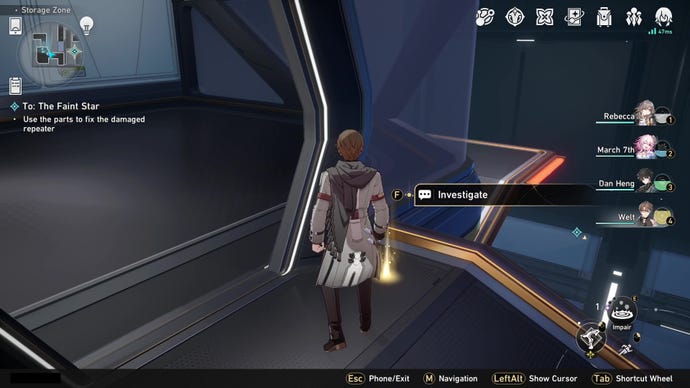 Welt investigates a glowing interact spot in the doorway of a remote storage area in Honkai: Star Rail’s Herta Space Station.