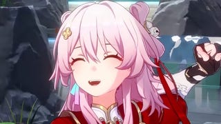 Honkai Star Rail's March 7th in her Hunt path outfit, standing in front of a waterfall
