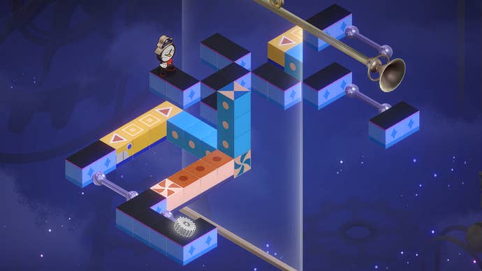 A clock person waits on blocky platforms in Honkai: Star Rail’s version 2.0