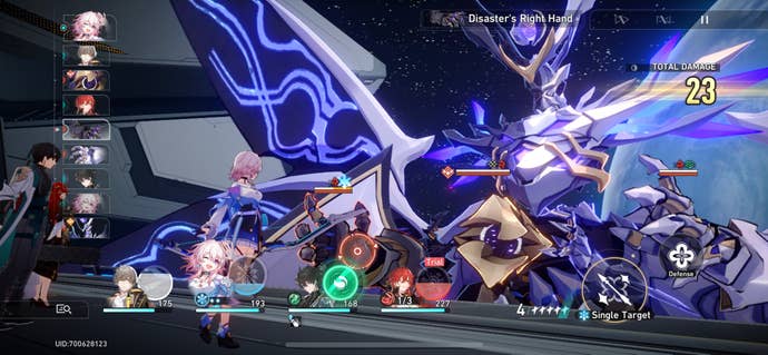 A team of characters fighting a Doomsday Beast in Honkai Star Rail