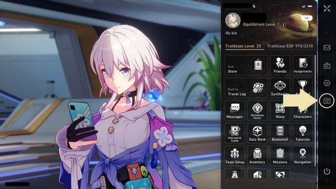 March 7th examines her cell phone on the left-hand side of Honkai: Star Rail’s menu screen, while the right-hand side shows the in-game menu options, with photo mode highlighted.
