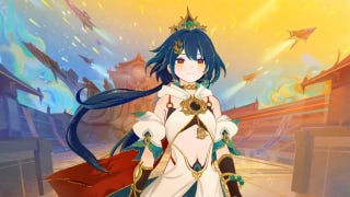 Honkai Star Rail's Yunli standing in a courtyard as battleships soar overhead