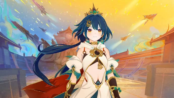 Honkai Star Rail’s Yunli standing in a courtyard as battleships soar overhead