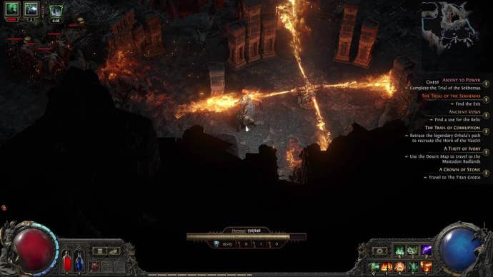 A character strafes around a firey pinwheel trap in the Trial of the Sekhemas in Path of Exile 2.
