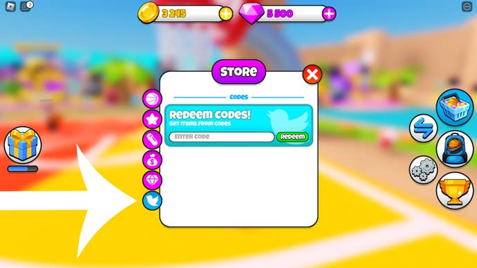 Arrow pointing at the button players need to press to access the codes menu in Hoop Simulator.