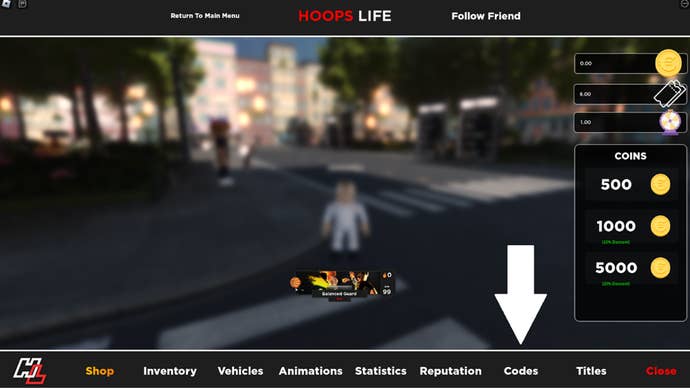 Arrow pointing at the button players have to press to access the codes menu in Hoops Life Basketball.
