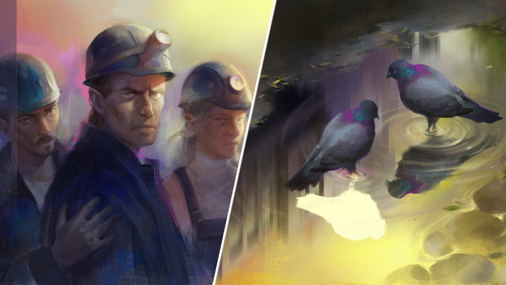 Some artwork of characters and pigeons in Hopetown. - 1