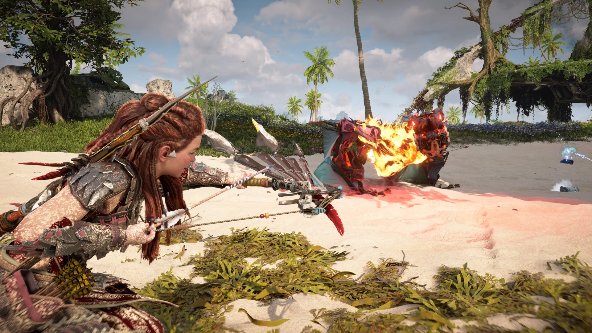 horizon forbidden west burning shores aloy fighting burning waterwing