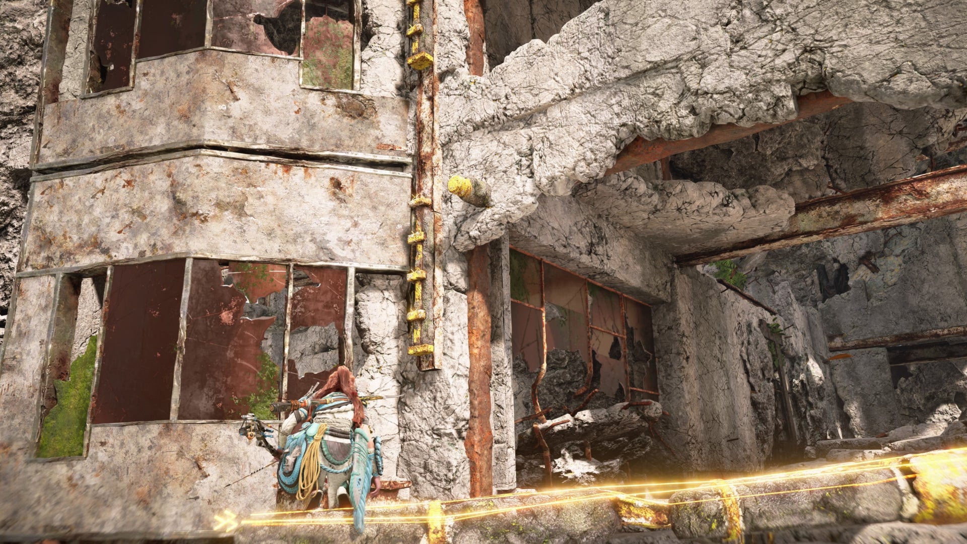 horizon forbidden west burning shores climb trail up the side of tower