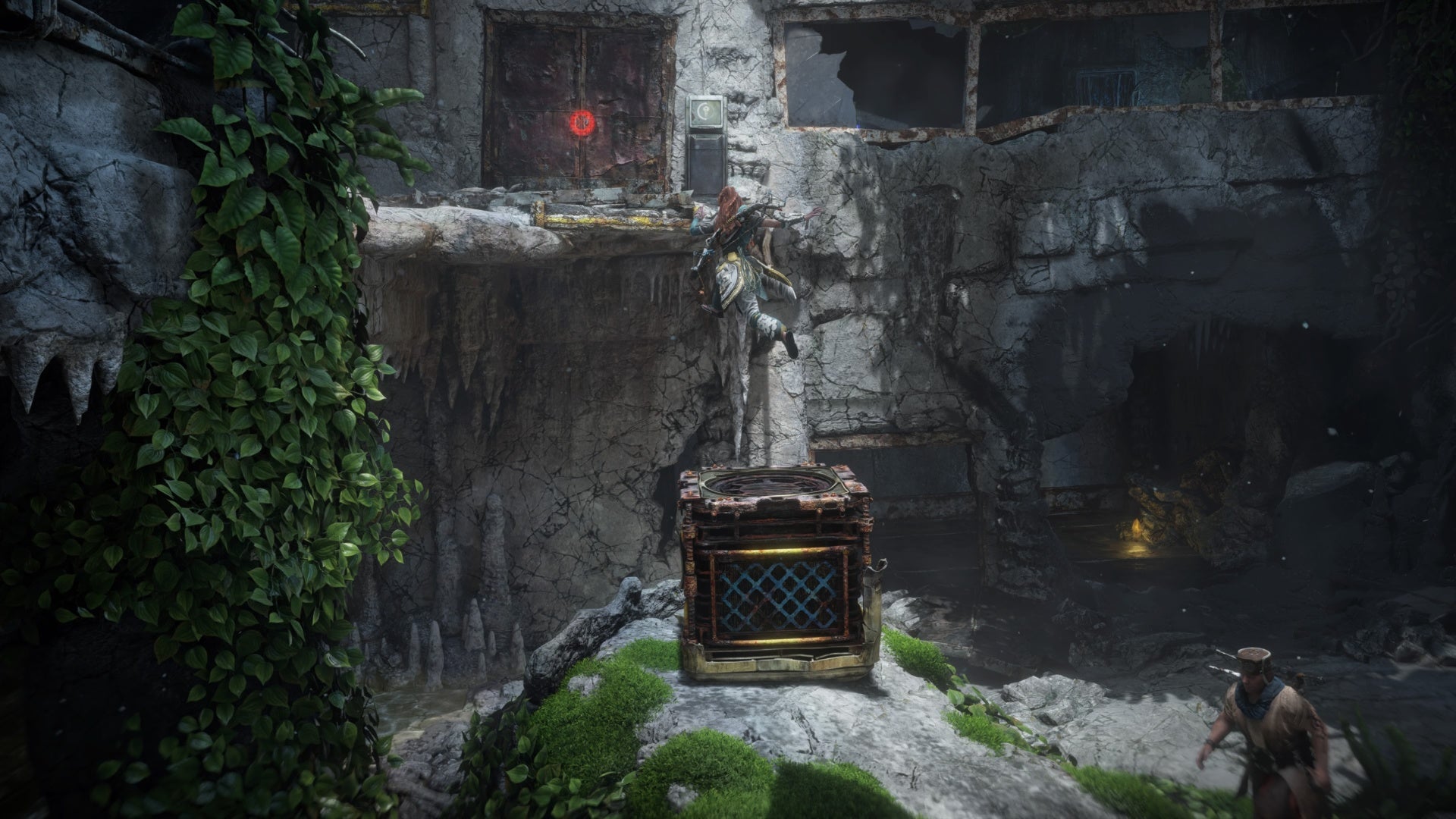 horizon forbidden west burning shores friend in the dark aloy jumping off crate