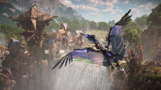 Aloy on flies on the back of a Sunwing in Horizon Forbidden West: Complete Edition.