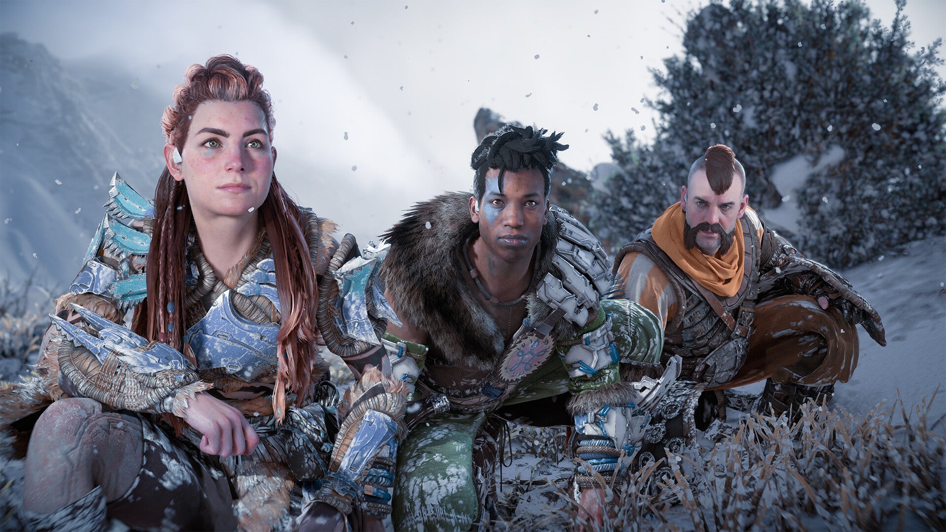 Aloy and friends squat in the snow in Horizon Forbidden West's Complete Edition - 47