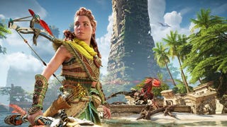 A screenshot of Horizon Forbidden West showing protagonist Aloy posing in front of a tropical water scene, with a robot dinosaur looking menacing on a nearby shore.