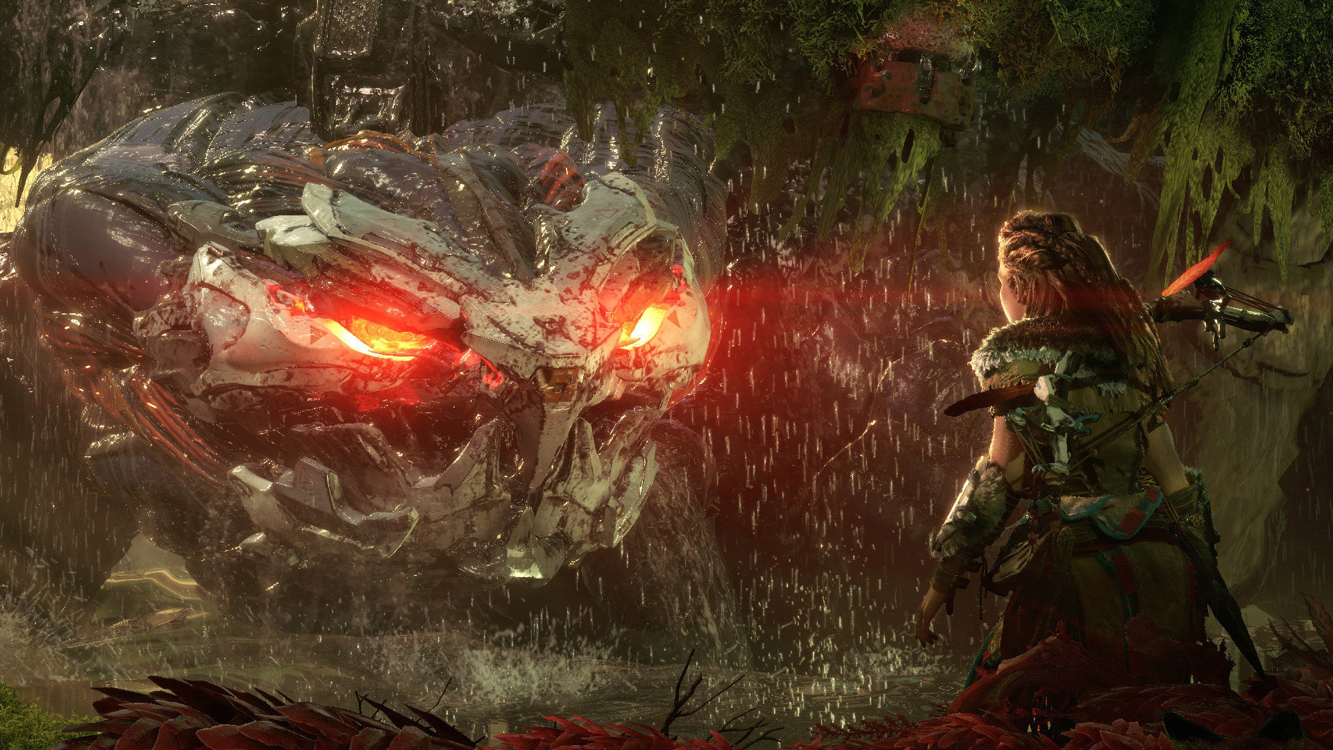 Aloy staring down a giant, robotic turtle with glowing red eyes in Horizon Forbidden West. - 17