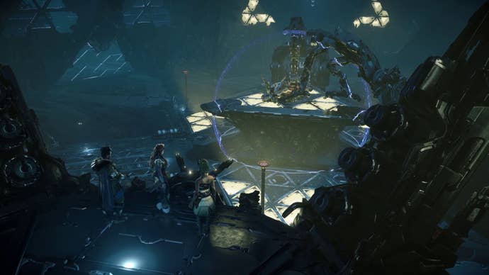 Looking out over a machine cauldron in Horizon Forbidden West