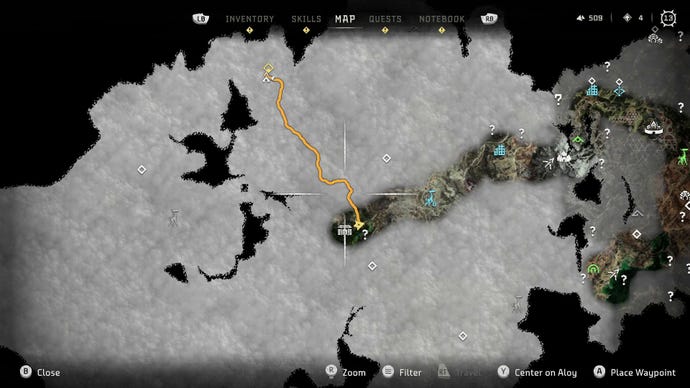 Part of the map, largely unexplored, in Horizon Forbidden West