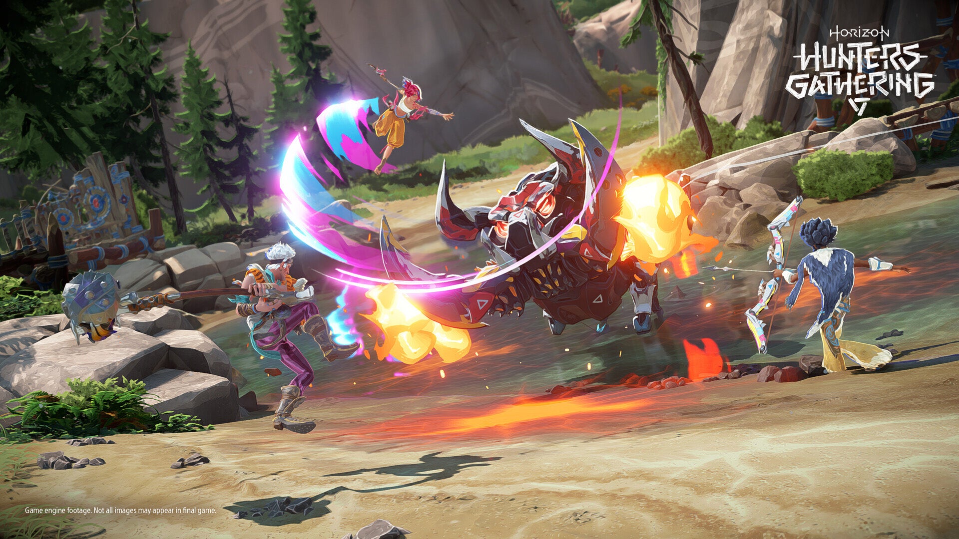 Three hunters with different weapons are fighting a robot dinosaur in Horizon Hunters Gathering. - 1