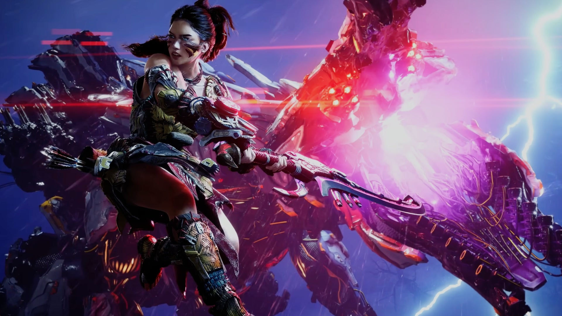 A machine hunter battling a machine with a sword in Horizon Steel Frontiers. - 1