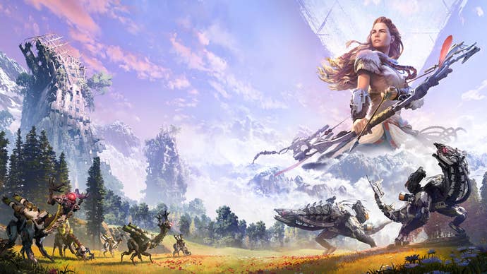 Artwork of Horizon Zero Dawn showing large red-headed Aloy holding a bow in the sky over a field of robotic dinosaurs