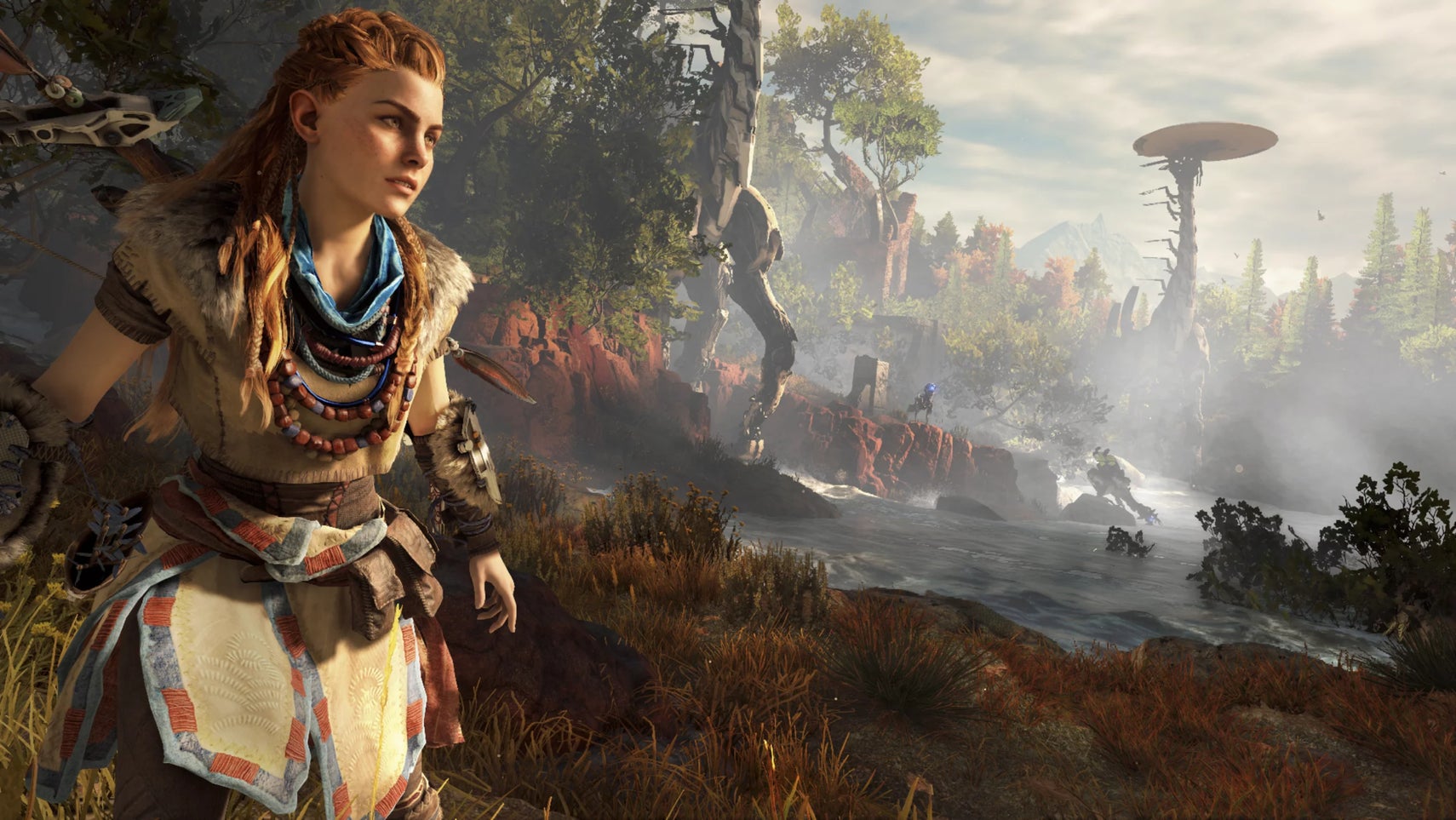 Aloy walking near a Tallneck in Horizon Zero Dawn. - 1