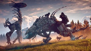 A Thunderjaw walks past a Tallneck in Horizon Zero Dawn.