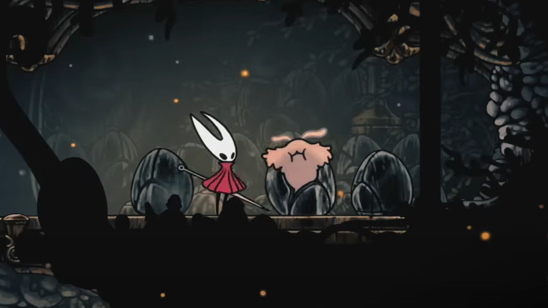 Hornet stands next to a Lost Fleas stuck in an egg in Hollow Knight: Silksong. - 1