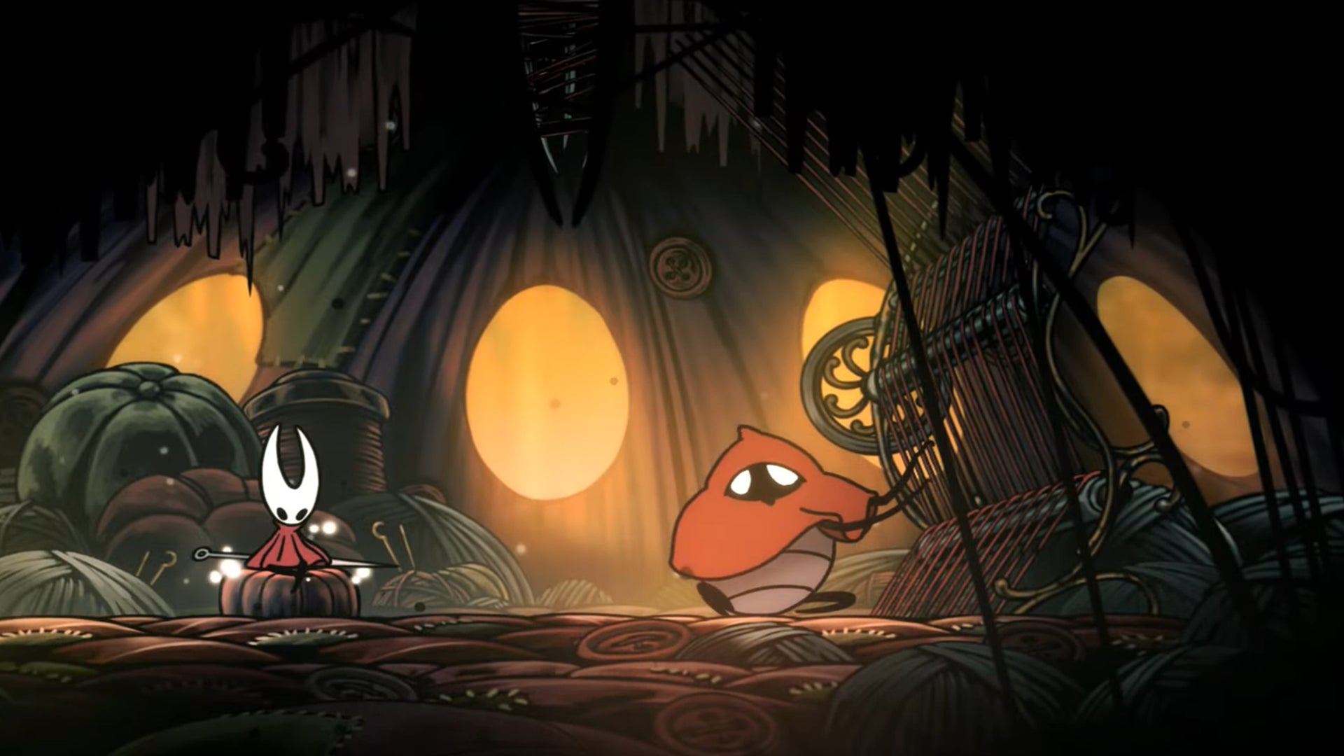 Hornet sits in the hut of the Seamstress, a weaver bug in Hollow Knight: Silksong. - 1