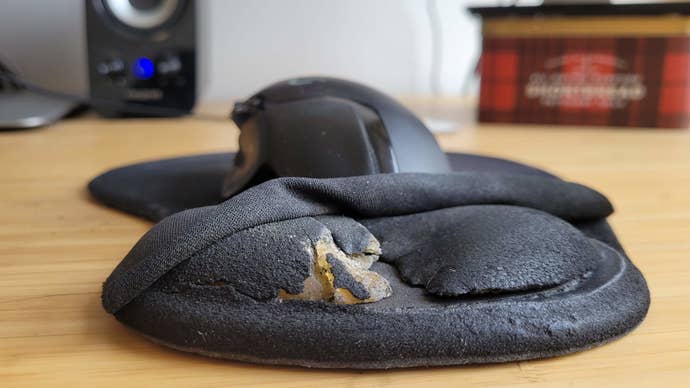 The tattered innards of an old gel mouse pad.