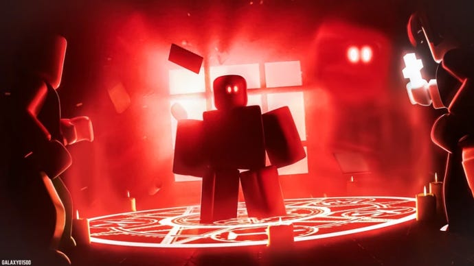 Artwork for the Roblox game Horrors RNG, showing a silhouette of a Roblox character surrounded by a sinister red glow.