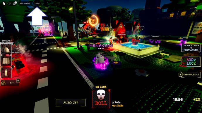 A screenshot from Horrors RNG in Roblox showing the game's codes button.