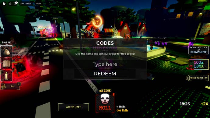 A screenshot from Horrors RNG in Roblox showing the game's codes page.