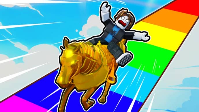 Artwork for the Roblox game Horse Race, showing a Roblox character riding a gold horse along a rainbow road.