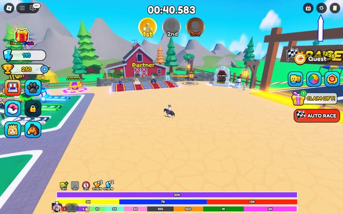 A screenshot of Horse Race in Roblox showing the game’s settings button.