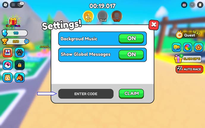 A screenshot of Horse Race in Roblox showing the game’s codes field.